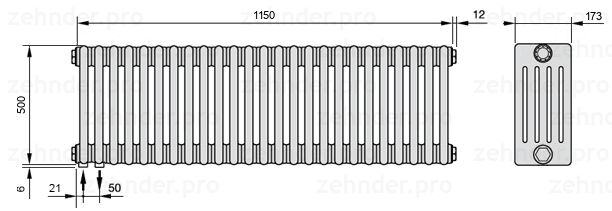 Схема (чертеж) Радиатор Zehnder Charleston 5050/25 №3370 Белый глянцевый RAL 9016